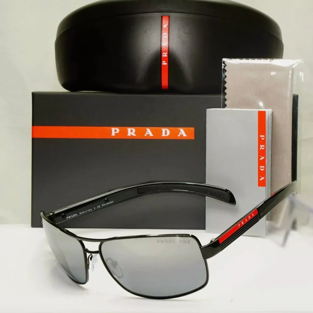 Prada Polarized Mens Sunglasses Silver Mirror Black New